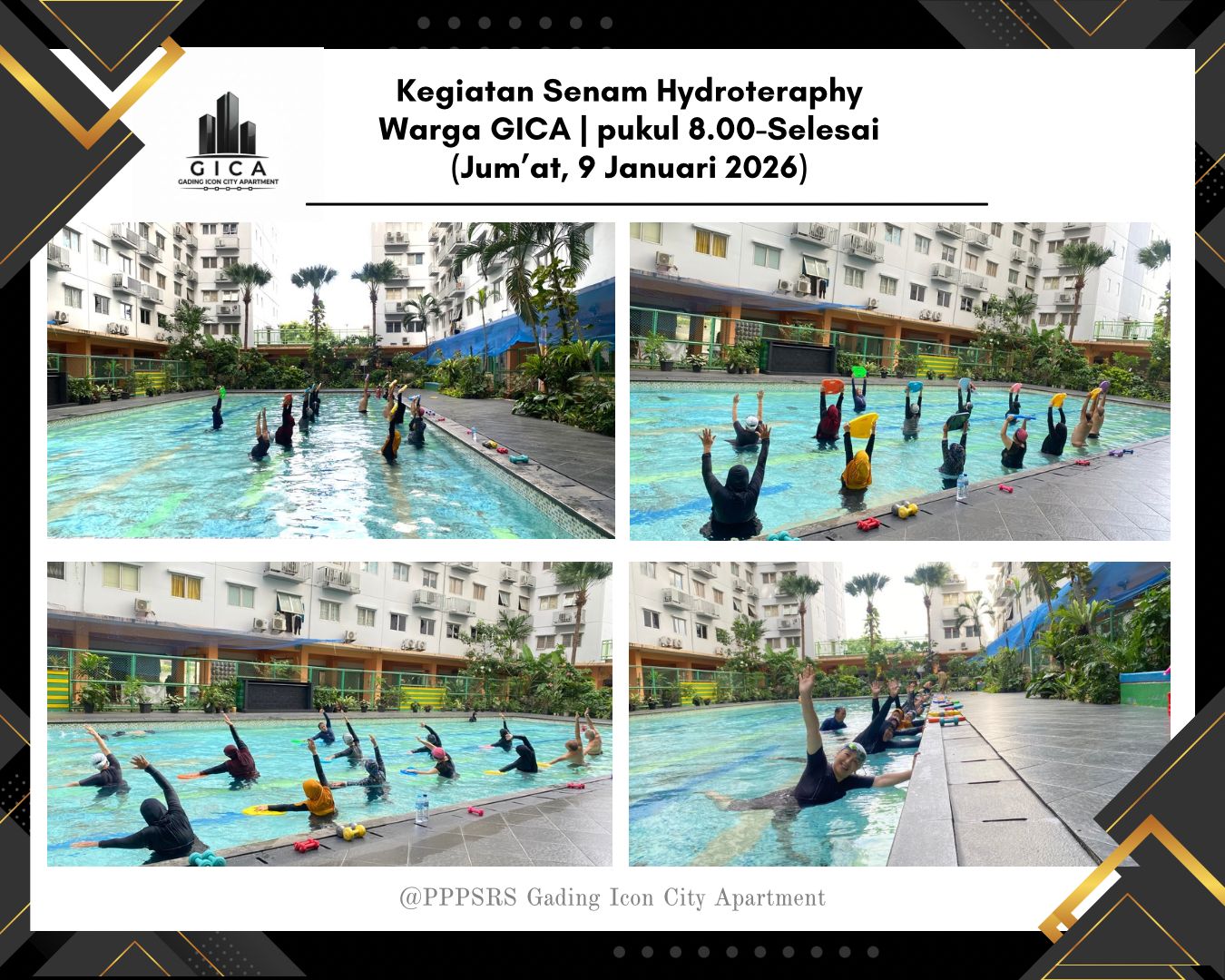 Senam Hydrotherapy rutin di kolam apartemen Gading Icon