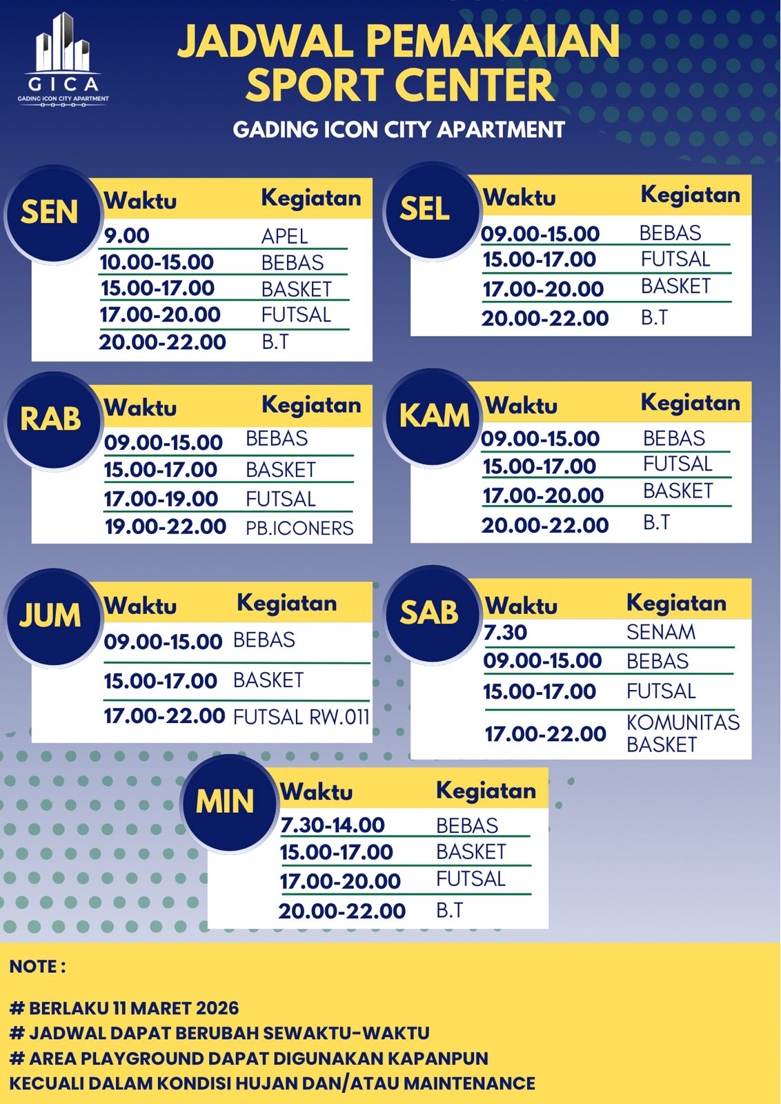 Jadwal Pemakaian Sport Center